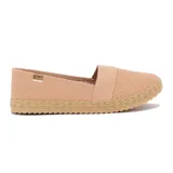 Zapatilla estilo alpargata Moleca para mujer, color negro, con diseño perforado en la capellada, banda elástica cruzada sobre el empeine y detalle de yute trenzado alrededor de la suela.