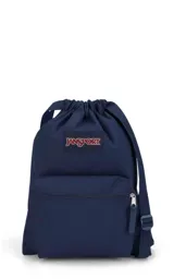 Mochila JanSport Draw Sack azul marino con logo rojo estampado, cierre superior con cordón ajustable y bolsillo frontal con cierre.