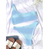 Bikini de dos piezas con textura acanalada, color amarillo. El top es de diseño asimétrico de un solo hombro y la parte inferior es de corte vedetina.