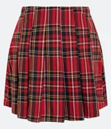 Minifalda plisada de poliéster con estampado de cuadros escoceses en tonos rojo, negro, blanco y amarillo. Incluye dos cadenas metálicas plateadas decorativas.