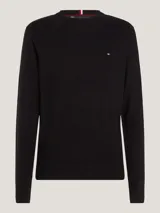 Sweater negro de cuello redondo confeccionado en una mezcla de algodón pima orgánico y cachemira. Presenta cuello, puños y bajo de punto canalé, con el logo de Tommy Hilfiger bordado en el pecho.