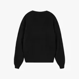 Sweater de punto Nude Project, color negro, de corte regular, con cuello redondo y diseño de tejido acanalado. Cuenta con el logotipo de la marca bordado en el pecho junto con el texto 'by artists for artists' y un detalle de cerezas en tono verde lima.
