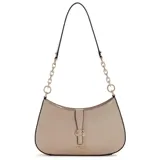 Cartera tipo hobo Guess modelo Carrie, color gris, con cierre superior, correa de hombro con eslabones metálicos y detalle de logo frontal.