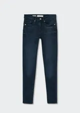 Jeans de corte skinny y tiro bajo, confeccionados en tejido denim elástico de algodón. Presentan diseño de cinco bolsillos, cierre frontal con cremallera y botón, y trabillas para cinturón.
