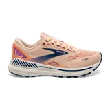 Championes de running Brooks Adrenaline GTS 23, color durazno con detalles en azul, violeta y naranja.