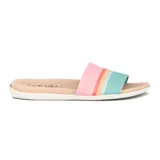 Sandalias tipo chinela de mujer, color negro y blanco, con tira ancha que presenta dos franjas blancas sobre fondo negro. La plantilla es de color beige claro con textura acanalada y el logo de Beira Rio Comfort.