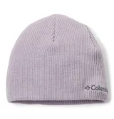 Gorro de lana tejido en punto acanalado, color lila, con logo de la marca Columbia bordado en el frente.