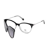 Lentes con armazón óptico de diseño combinado, con la parte superior en negro y la inferior transparente, y patillas finas metálicas. Incluye clip-on de sol oscuro.