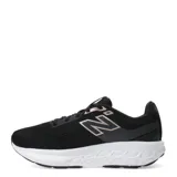 Championes de running New Balance modelo Fresh Foam 520 para mujer. Presentan un diseño en color negro con detalles en tono rosado metalizado en el logo lateral y la lengüeta. Cuentan con una entresuela blanca con tecnología Fresh Foam para mayor amortiguación y suela de goma negra.