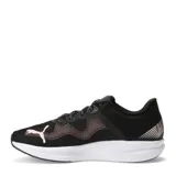 Championes de running Puma modelo Redeem Profoam, color negro con detalles en rosa y suela blanca. Presentan diseño de malla transpirable, cierre con cordones y tecnología de amortiguación Profoam.