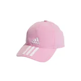 Gorra rosa de Adidas con logo y tres tiras blancas.