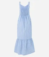 Vestido midi de tricolina a rayas verticales celestes y blancas, con breteles finos con nudo, escote en pico y falda con volantes.