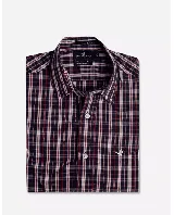 Camisa de manga corta Brooksfield con corte slim fit, confeccionada en tejido de algodón con spandex. Presenta un diseño a cuadros en tonos beige y azul marino, cierre frontal con botones y logo de la marca bordado en el pecho.