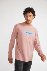 Remera de manga larga color rosado con cuello redondo y estampado frontal que presenta un trazo de pincel en color celeste con el logo de la marca Mistral.