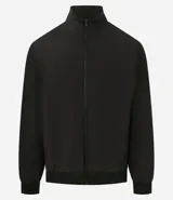 Campera bomber azul con cuello alto, cierre frontal con cremallera, bolsillos laterales y puños y cintura elastizados.