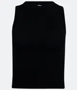 Top cropped musculosa de mujer, color marrón oscuro, confeccionado en tejido ribana acanalado, con cuello redondo y sin mangas.