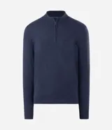 Suéter azul marino de punto con cuello alto y medio cierre, mangas largas y calce recto.