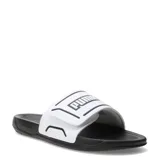 Sandalias tipo ojota Puma modelo Royalcat Comfort 2, con base negra y tira superior blanca con el logo de la marca en negro. Cuenta con tecnología Softride en la suela para mayor comodidad.