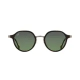 Lentes de sol Indie modelo Ringo, con marco redondo de madera color marrón oscuro y lentes verdes degradé.