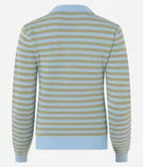 Blusa de tricot estilo retro con diseño a rayas en jacquard, manga larga, cuello polo con botones y bolsillo aplicado en el pecho.