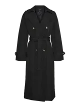Trench coat negro con doble botonadura, cinturón ajustable y bolsillos laterales.
