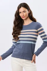 Buzo tejido de algodón con diseño de rayas horizontales en tonos azules, beige y rosado, cuello redondo y manga larga.