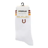 Medias tipo crew de color blanco con franjas horizontales en tonos marrón y naranja en el puño y bordado de herradura en la parte superior.