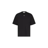 Remera negra Off-White de manga corta, corte holgado y cuello redondo, con pequeño estampado blanco del logo en el pecho.