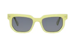 Lentes de sol unisex, con montura cuadrada color amarillo pastel y lentes grises.