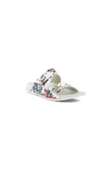Sandalias blancas con estampado floral multicolor, con dos correas ajustables con velcro y plantilla anatómica cubierta de gamuza.