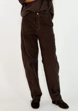 Pantalon de pana color marron oscuro, de corte recto y tiro medio, con costuras reforzadas en las rodillas y cierre frontal con boton.
