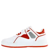 Championes urbanos N+ modelo Houl, de diseño deportivo con base blanca y detalles en rojo y gris. Presentan cierre mediante cordones y suela de goma roja.