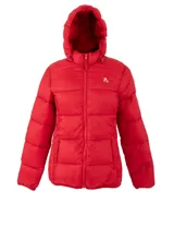 Campera inflada de nylon color azul marino, con cierre frontal, capucha integrada y diseño acolchado.