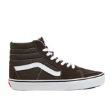Championes de caña alta Vans Sk8-Hi, color marrón con la clásica banda lateral blanca y suela blanca con línea negra.