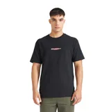 Remera de manga corta Quiksilver, color negro, con cuello redondo y estampa pequeña en el centro del pecho con el logo de la marca y motivos tribales en tonos rojos y blancos.