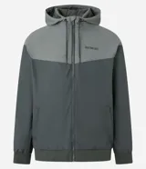 Campera deportiva gris con capucha, cierre frontal con cremallera, mangas largas con puños elásticos y bajo elástico. Estampado con la frase "Push Your Limits" en el pecho.