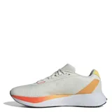 Championes de running Adidas Duramo SL, color blanco con detalles en naranja y negro. Presentan tecnología de amortiguación LIGHTMOTION en la entresuela y suela de goma ADIWEAR para mayor durabilidad. La parte superior está confeccionada en malla transpirable.