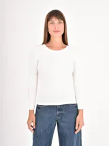 Remera de manga larga con diseño de rayas horizontales finas en blanco y negro, cuello redondo y corte ajustado.