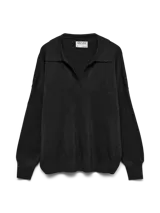 Sweater de punto con cuello en V y mangas largas con volumen, de calce relajado. Confeccionado en una mezcla de viscosa, poliéster, fibras metálicas y nylon, con un sutil acabado brillante.