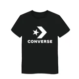 Remera de algodón color negro con cuello redondo y mangas cortas. Presenta el logo de la marca Converse estampado en blanco en el centro del pecho.