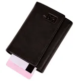 Billetera tríptica de cuero sintético color negro, con diseño compacto y logo de la marca grabado en el frente.