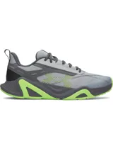 Championes de entrenamiento Under Armour Charged Commit TR 5, color gris con detalles en verde neón. Presentan parte superior de malla transpirable con revestimientos de cuero, entresuela Charged Cushioning para absorción de impactos y suela de goma con refuerzos laterales.