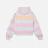 Campera con capucha de corte boxy, con diseño de rayas horizontales en tonos gris melange y rosado. Presenta la inscripción bordada en relieve de la marca en la espalda en tono amarillo pastel.