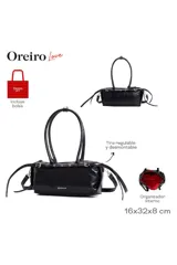 Cartera de mano color negro con diseño cilíndrico, detalles de ojales metálicos y correas largas. Incluye cierre superior y tiras decorativas laterales.