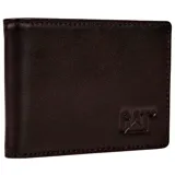 Billetera Caterpillar de cuero marrón, con doble pliegue y pinza para billetes. Tiene capacidad para hasta 4 tarjetas de crédito y logo CAT grabado en la parte inferior.