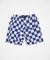 Short de baño con estampado de cuadros azules y blancos, cintura elástica ajustable con cordón de algodón, secado ultrarrápido, bolsillos laterales y traseros. No incluye rejilla interior.