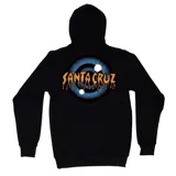 Canguro negro con capucha y bolsillo frontal tipo canguro. Presenta un estampado circular en el pecho con el logo de Santa Cruz en tipografía naranja con efecto de goteo sobre un fondo azul.