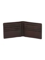 Billetera plegable de cuero natural color marrón con costuras a la vista en tono contrastante y logo de la marca grabado en la esquina inferior. Cuenta con protección RFID para seguridad de datos.