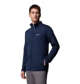 Campera de forro polar azul marino con cierre frontal completo, cuello alto y bolsillo vertical en el pecho con cierre. Presenta logo de la marca estampado en el pecho y bolsillos laterales.