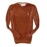 Buzo de chenille color ladrillo, de corte recto y cuello redondo.